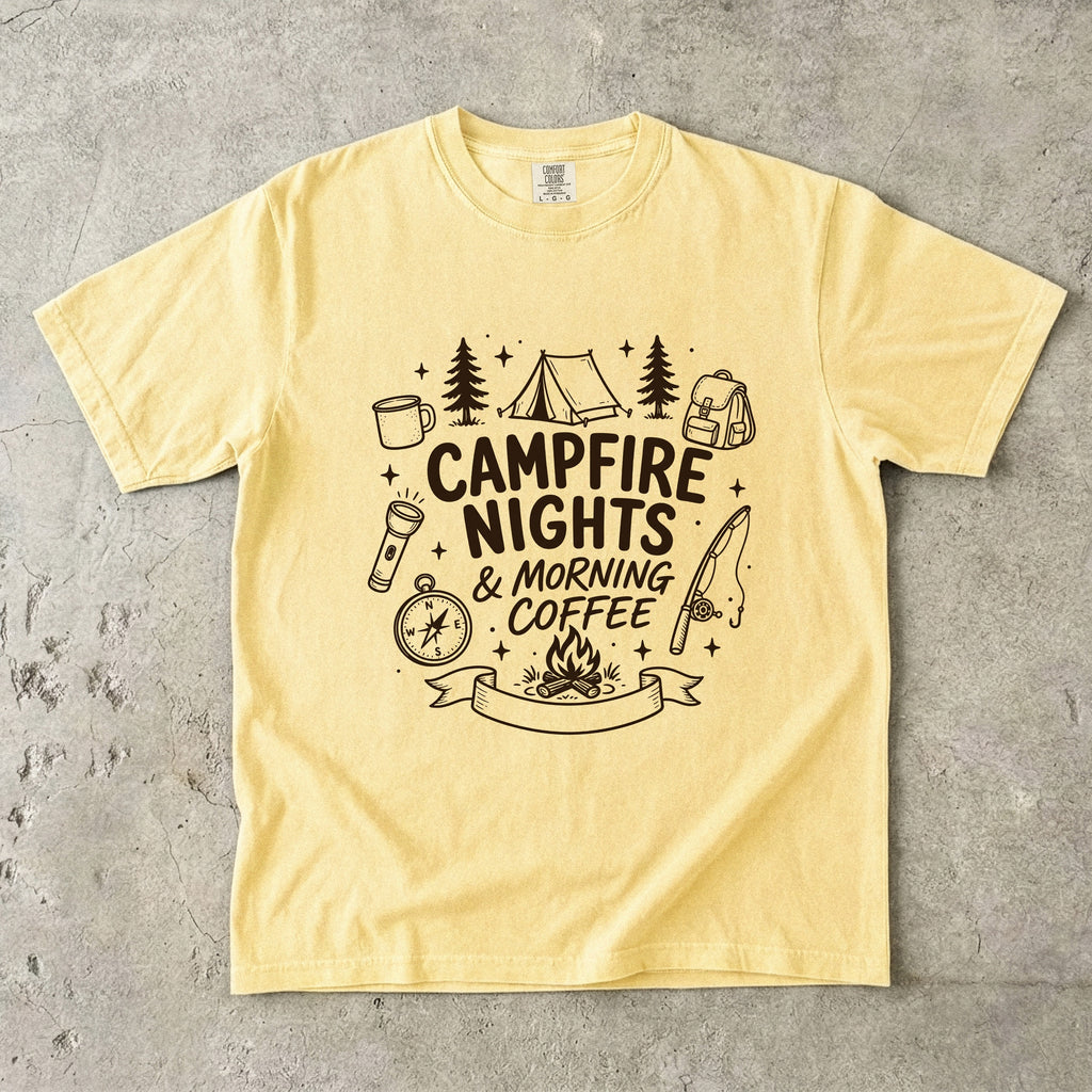 Campfire Nights and Morning Coffee Camping Shirt in Butter – flat lay