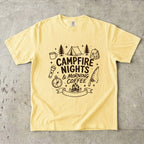 Campfire Nights and Morning Coffee Camping Shirt in Butter – flat lay