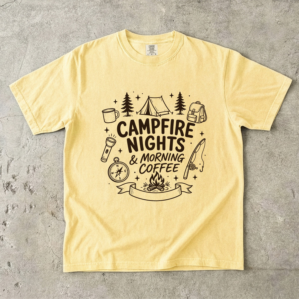 Campfire Nights and Morning Coffee Camping Shirt in Butter – flat lay