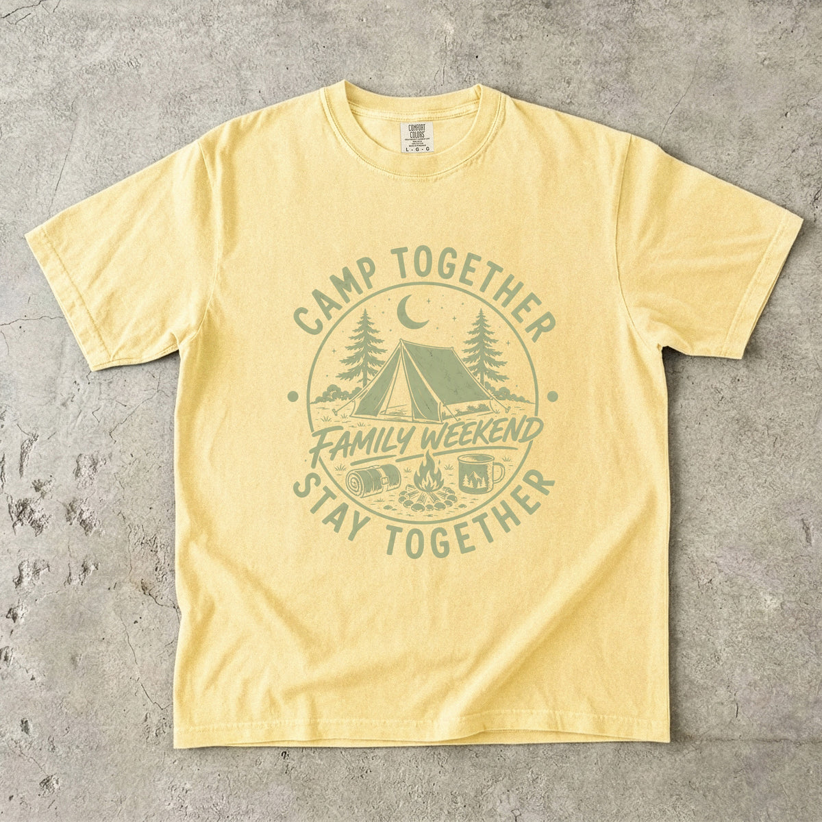 Camp Together Stay Together Family Weekend Shirt in Butter – flat lay