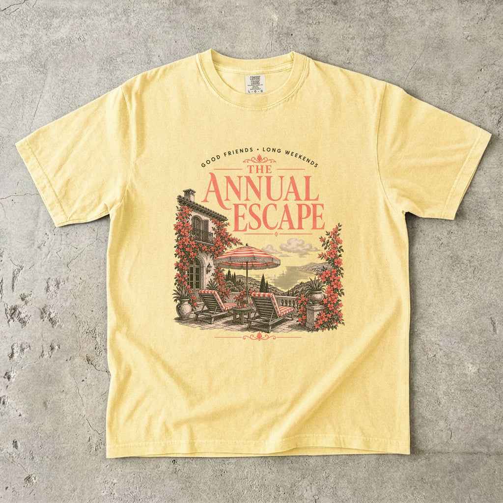 The Annual Escape Girls Trip Shirt in Butter – flat lay