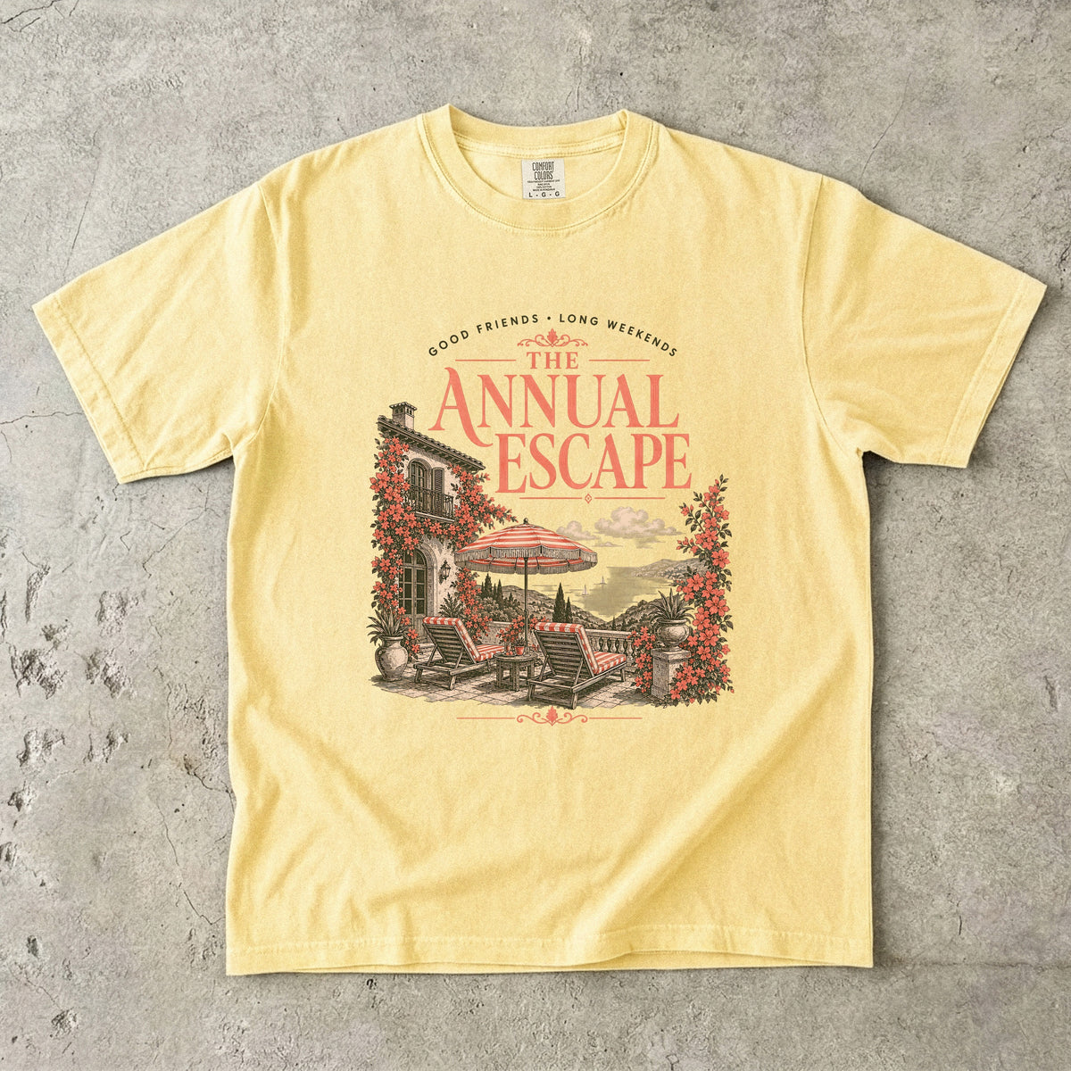 The Annual Escape Girls Trip Shirt in Butter – flat lay