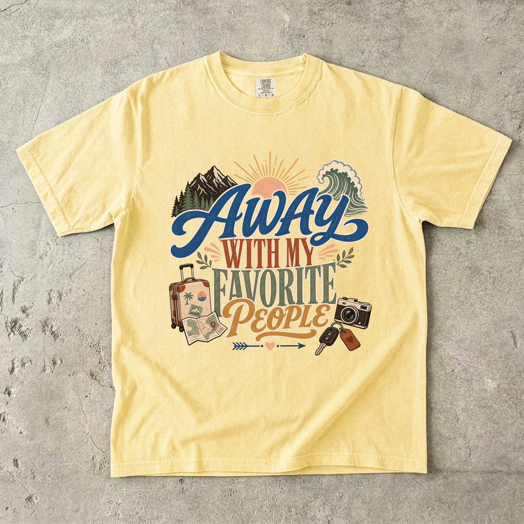 Away with My Favorite People Travel Mom Shirt in Butter – flat lay