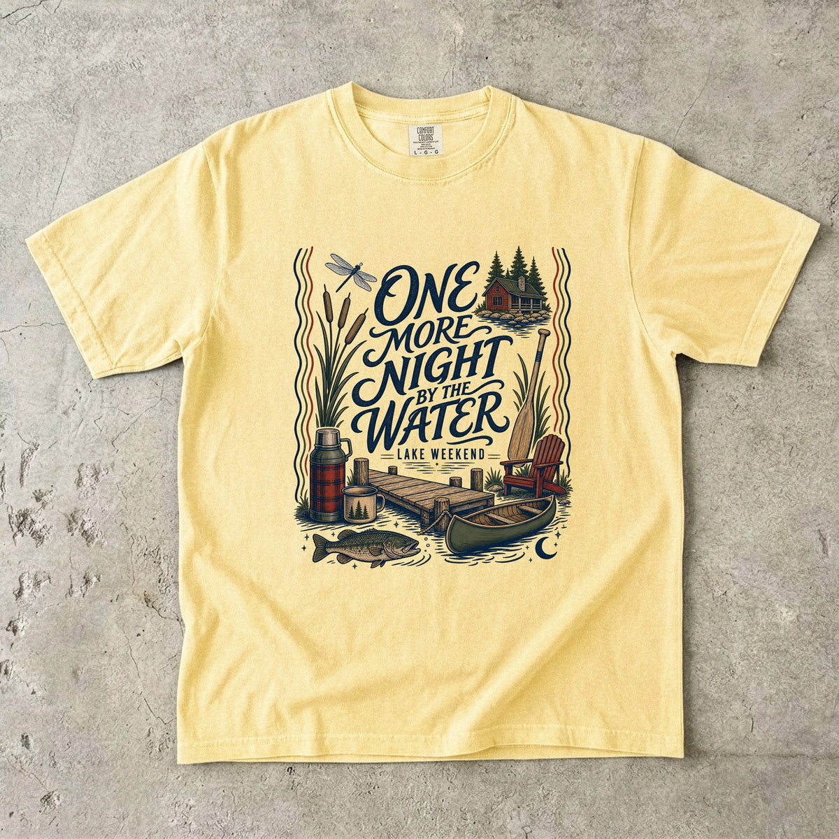 One More Night by the Water Lake Vacation Shirt in Butter – flat lay