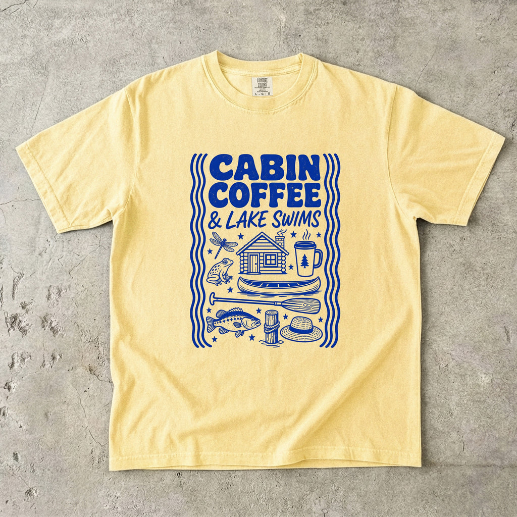 Cabin Coffee and Lake Swims Lake Vacation Shirt in Butter – flat lay