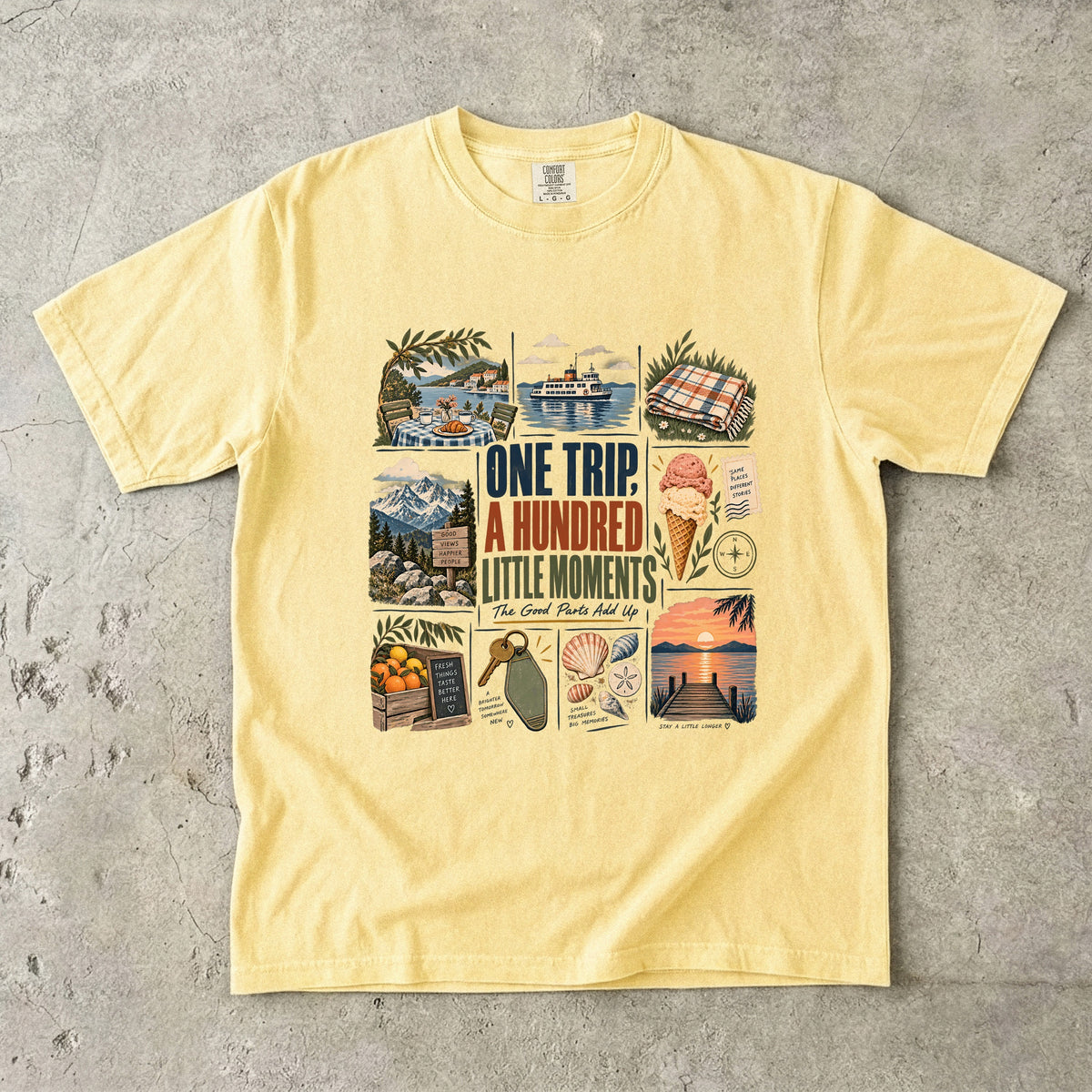 One Trip a Hundred Little Moments Family Travel Shirt in Butter – flat lay