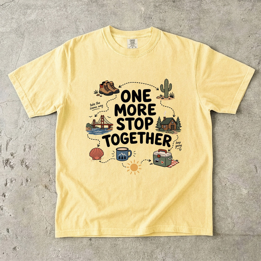 One More Stop Together Road Trip Shirt in Butter – flat lay