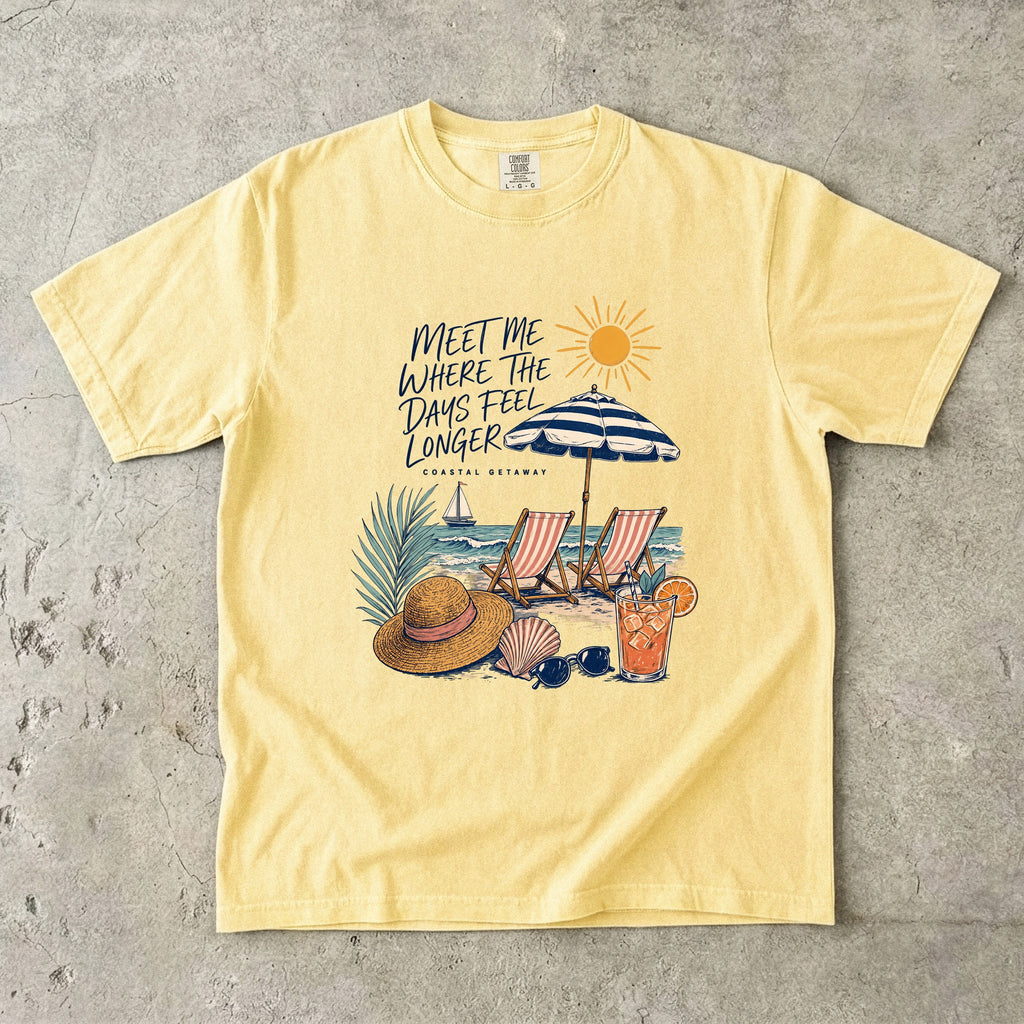 Meet Me Where the Days Feel Longer Beach Vacation Shirt in Butter – flat lay
