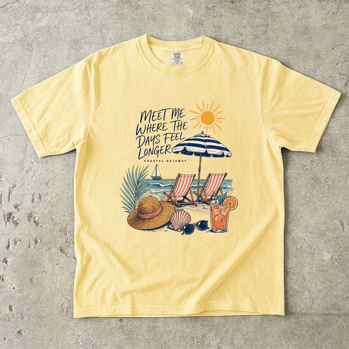 Meet Me Where the Days Feel Longer Beach Vacation Shirt in Butter – flat lay