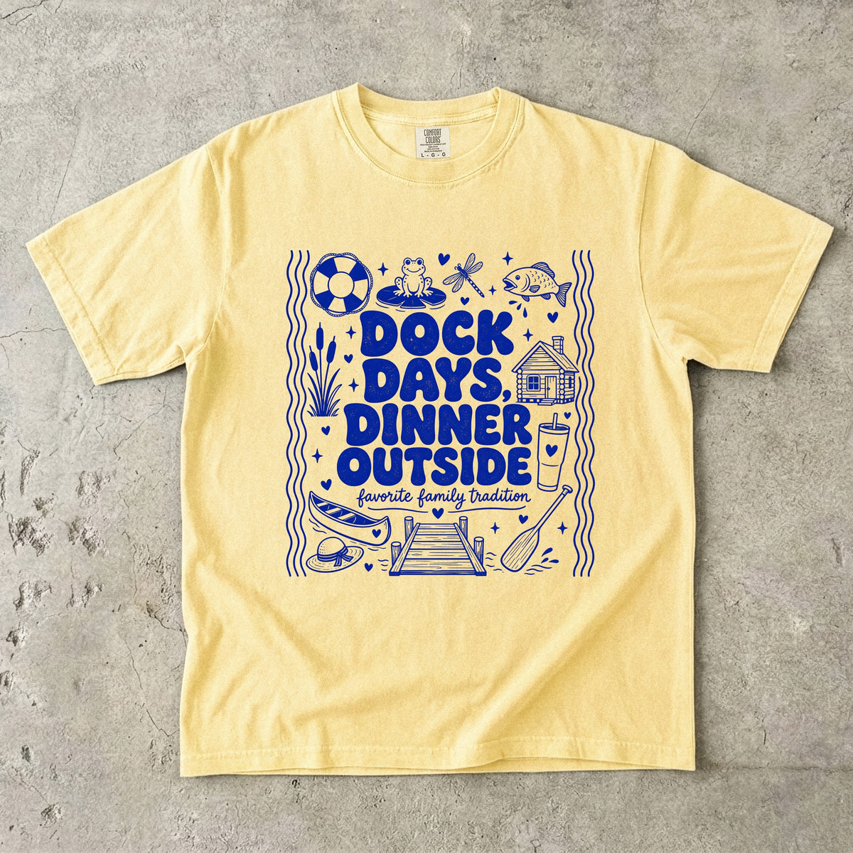 Dock Days Dinner Outside Lake Vacation Shirt in Butter – flat lay