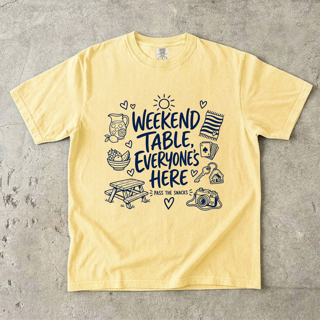 Weekend Table Everyone's Here Family Getaway Shirt in Butter – flat lay