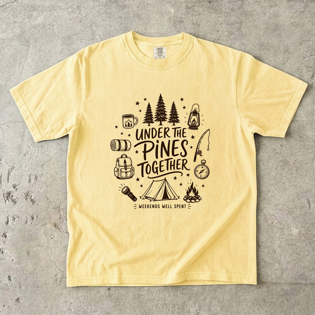 Under the Pines Together Camping Shirt in Butter – flat lay