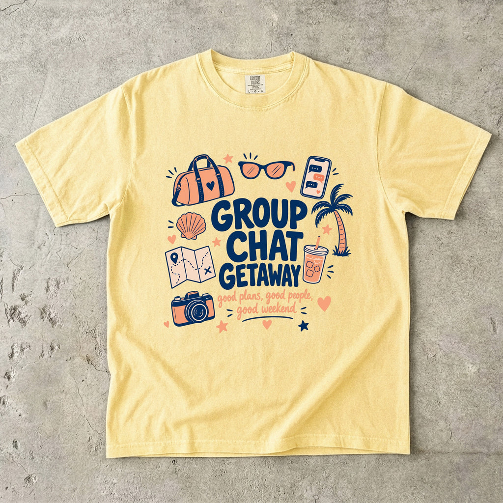Group Chat Getaway Family Getaway Shirt in Butter – flat lay