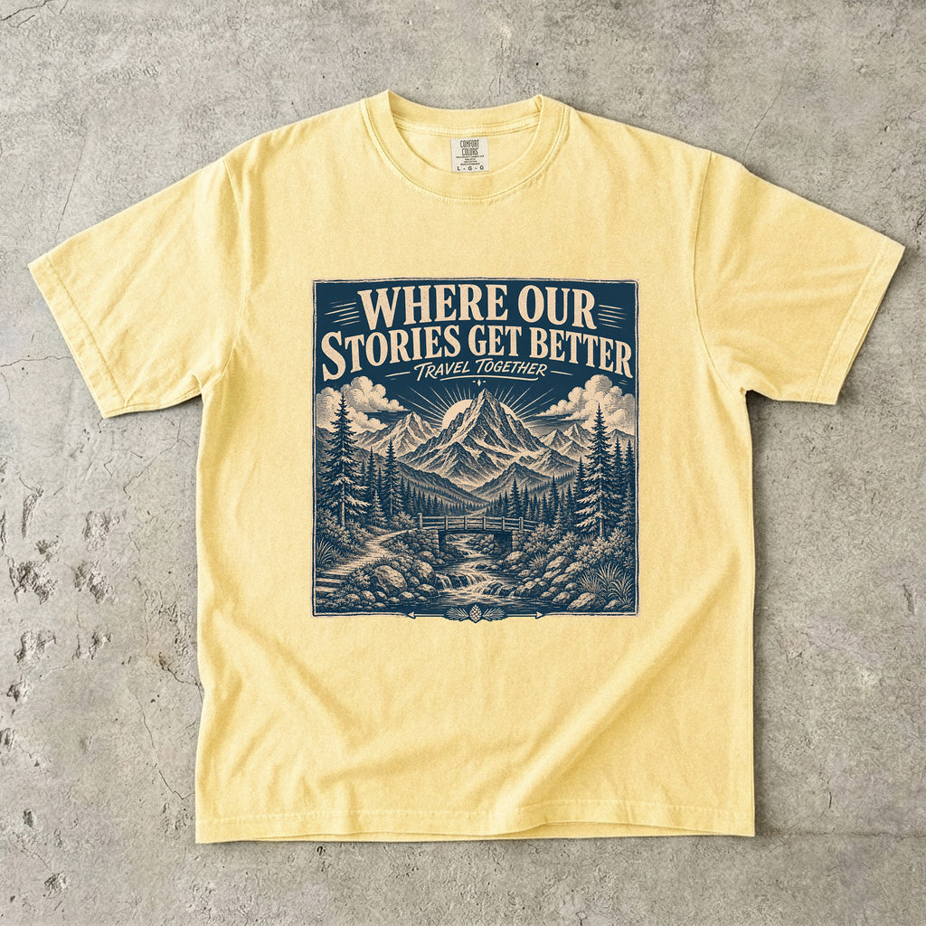 Where Our Stories Get Better Mountain Adventure Shirt in Butter – flat lay
