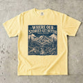 Where Our Stories Get Better Mountain Adventure Shirt in Butter – flat lay