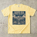 Where Our Stories Get Better Mountain Adventure Shirt in Butter – flat lay