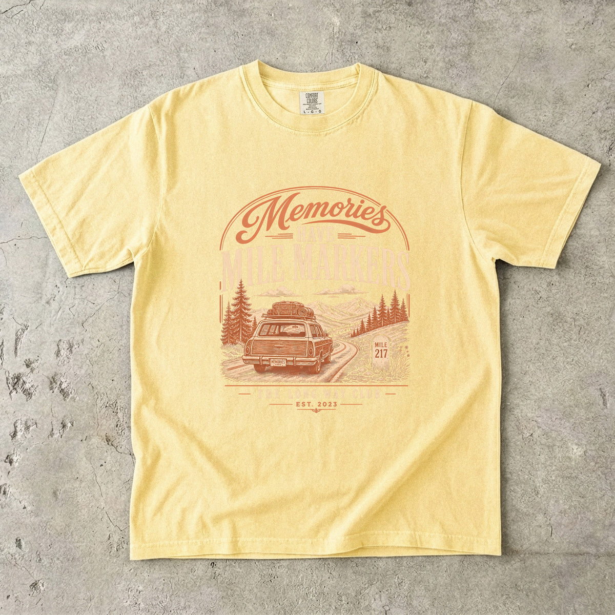 Memories Have Mile Markers Road Trip Shirt in Butter – flat lay