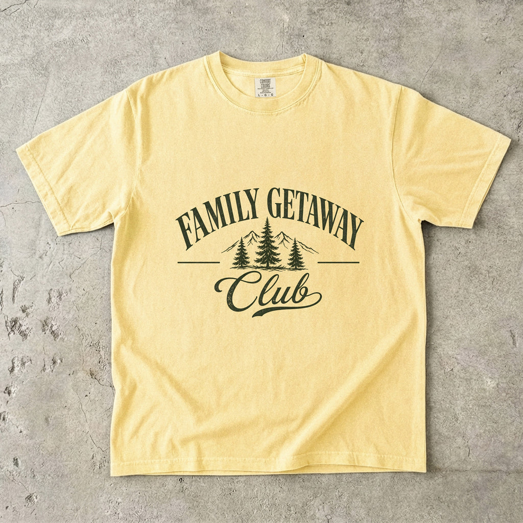 Family Getaway Club Vintage Travel Shirt in Butter – flat lay