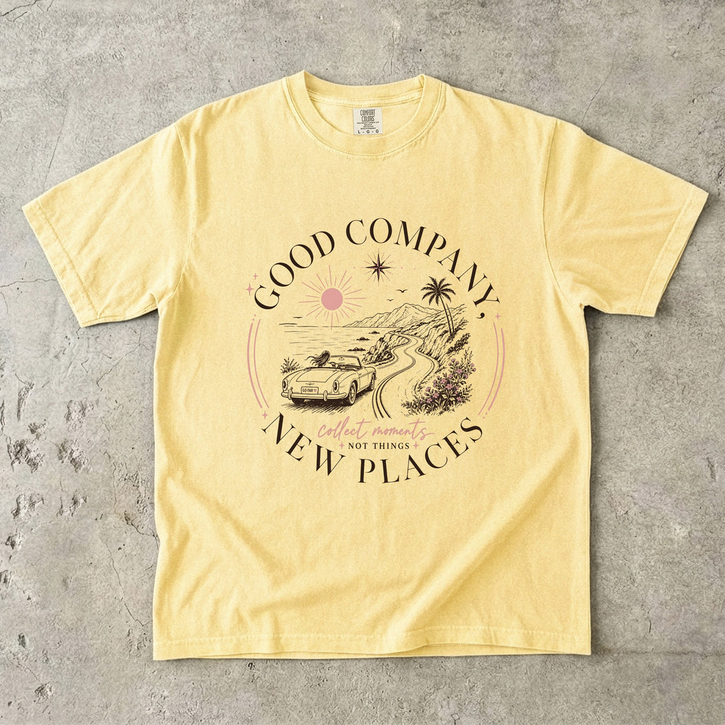 Good Company New Places Girls Trip Shirt in Butter – flat lay