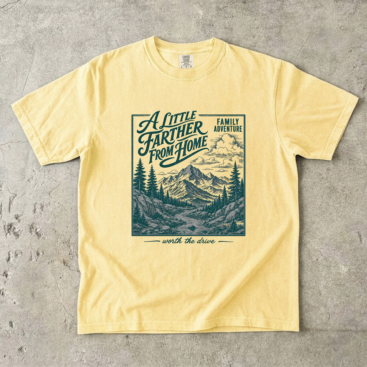 A Little Farther from Home Family Adventure Shirt in Butter – flat lay