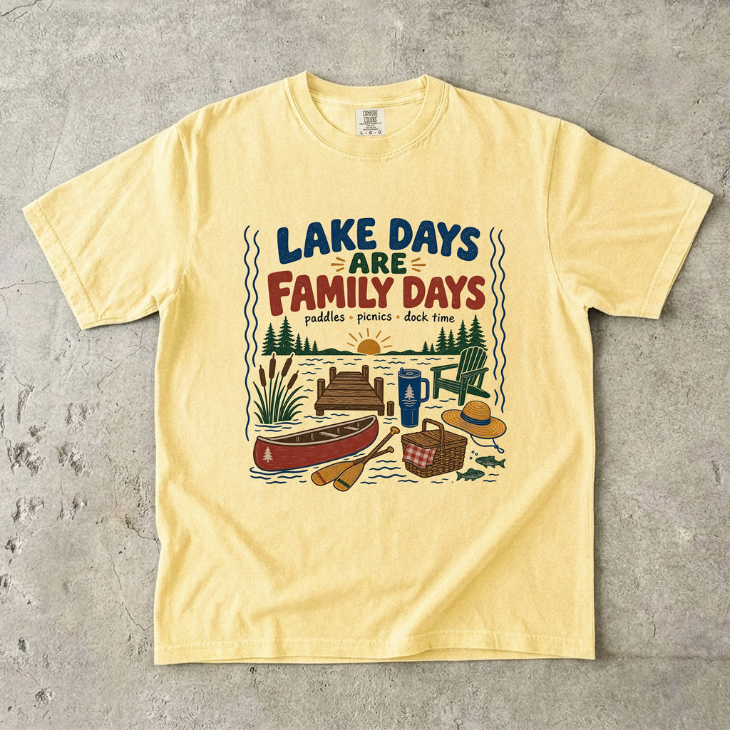 Lake Days Are Family Days Lake Vacation Shirt in Butter – flat lay
