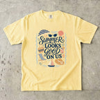 Summer Looks Good On Us Beach Vacation Shirt in Butter – flat lay