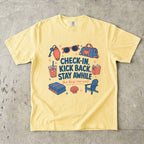 Check-In Kick Back Stay Awhile Family Getaway Shirt in Butter – flat lay
