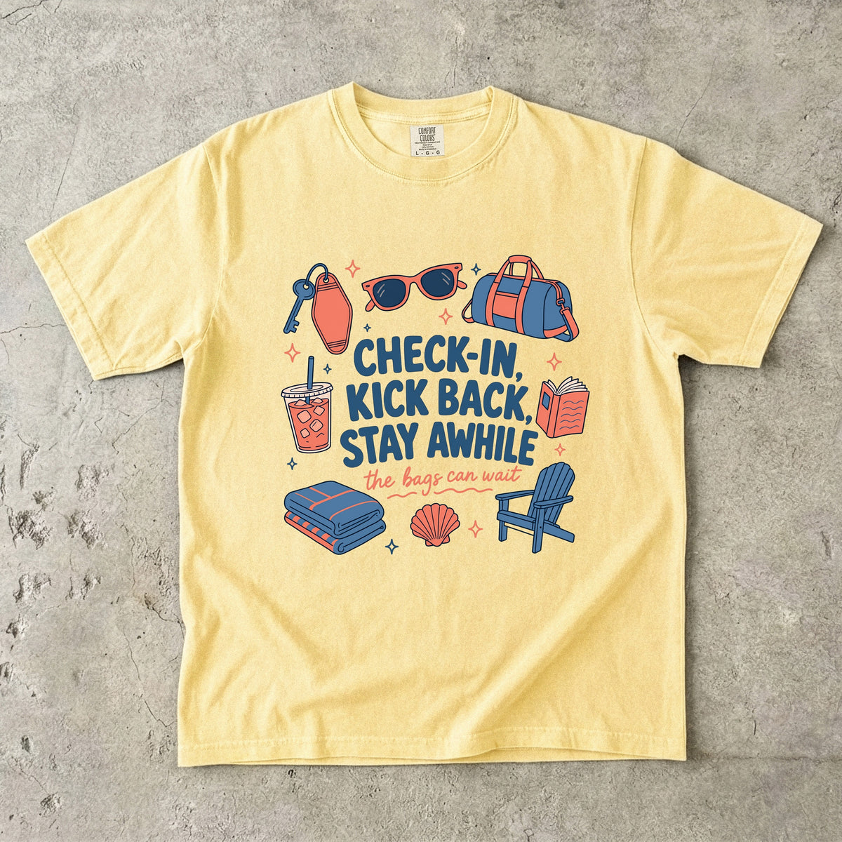 Check-In Kick Back Stay Awhile Family Getaway Shirt in Butter – flat lay