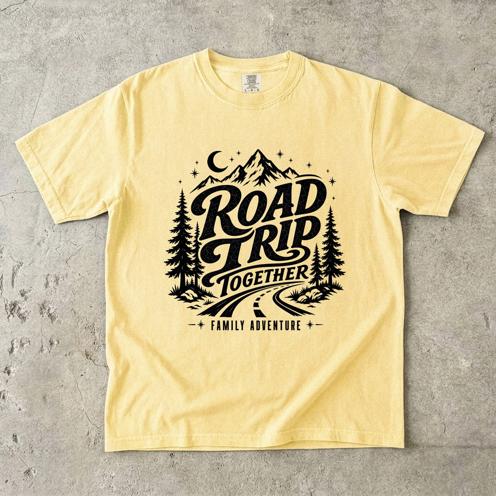 Road Trip Together Family Adventure Shirt in Butter – flat lay