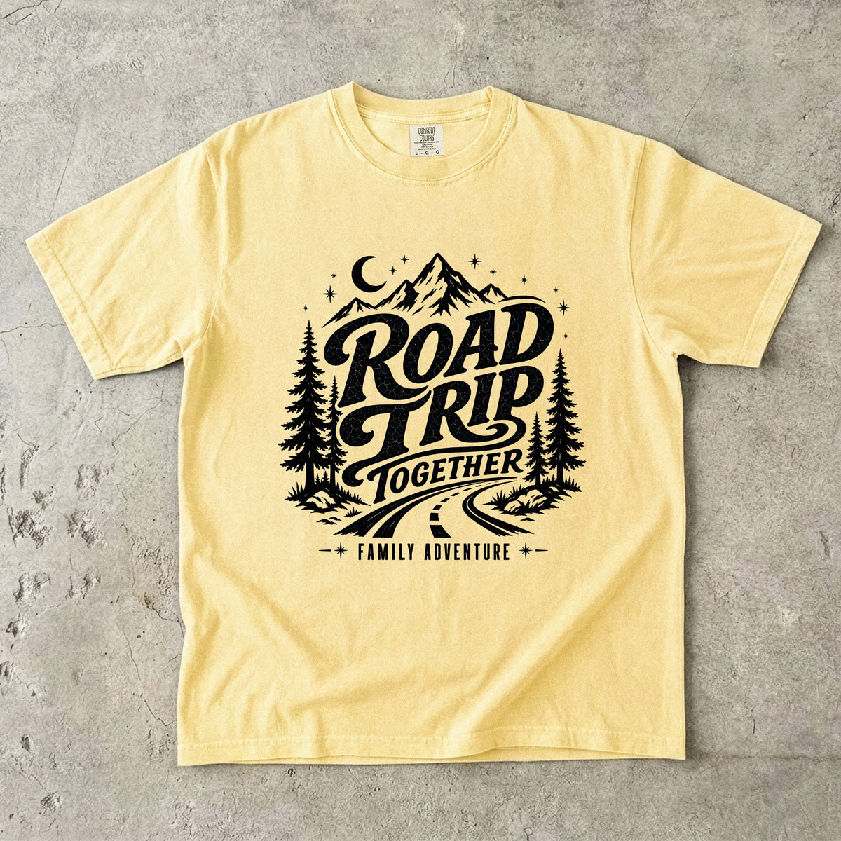 Road Trip Together Family Adventure Shirt in Butter – flat lay