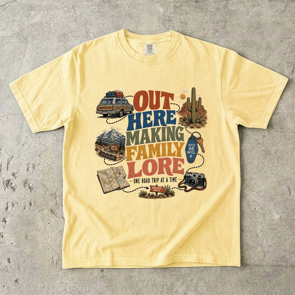 Out Here Making Family Lore Road Trip Shirt in Butter – flat lay