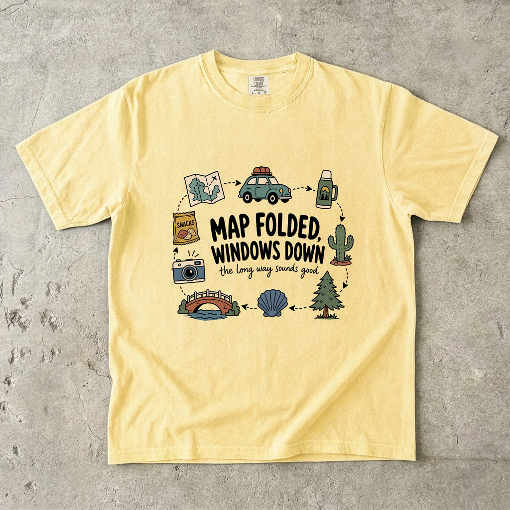 Map Folded Windows Down Road Trip Shirt in Butter – flat lay