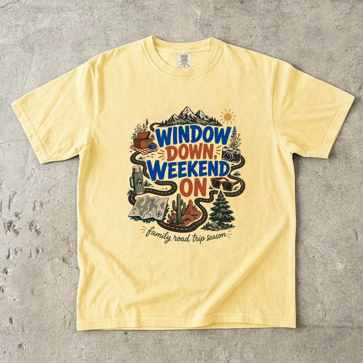 Window Down Weekend On Road Trip Shirt in Butter – flat lay