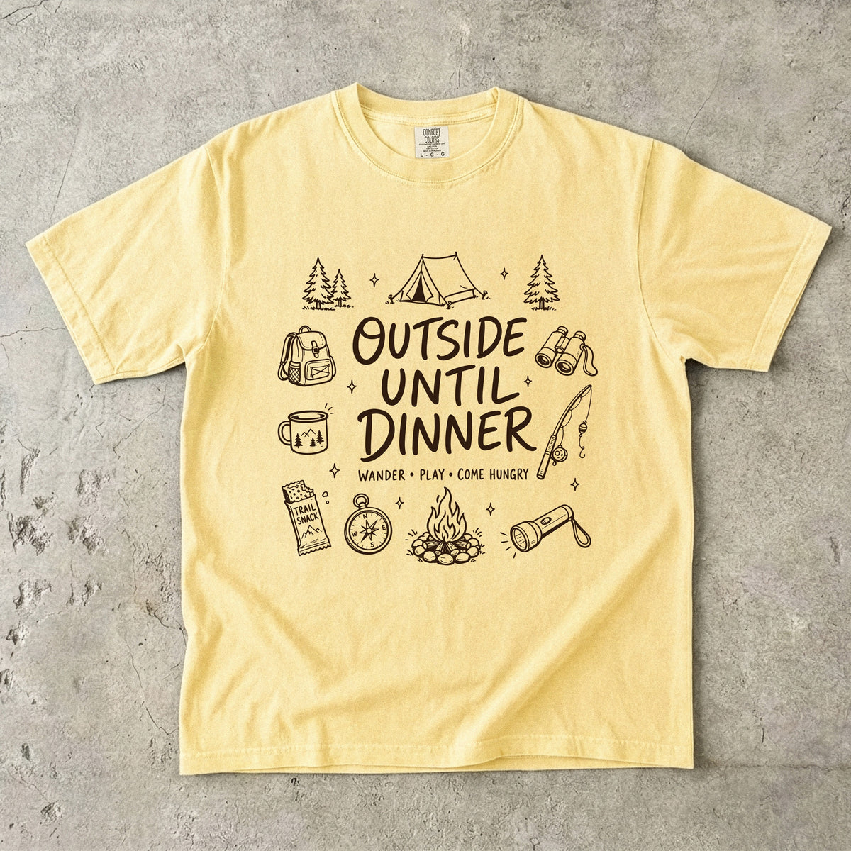 Outside Until Dinner Camping Shirt in Butter – flat lay