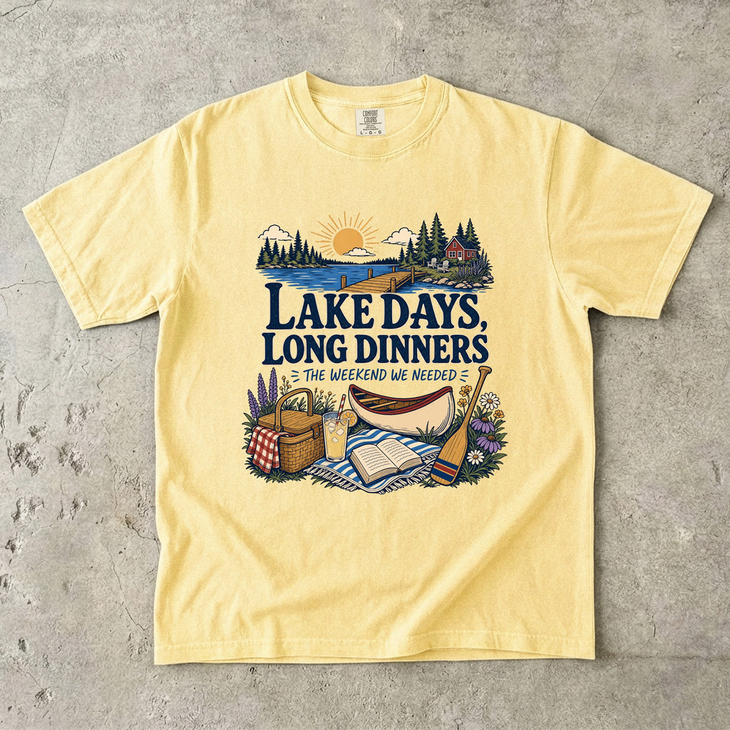 Lake Days Long Dinners Lake Vacation Shirt in Butter – flat lay