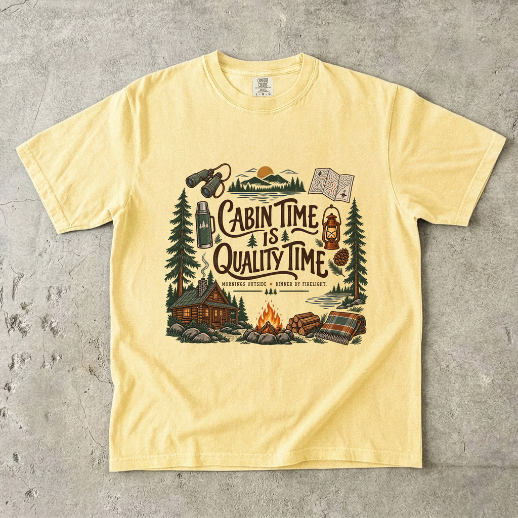 Cabin Time Is Quality Time Lake Vacation Shirt in Butter – flat lay