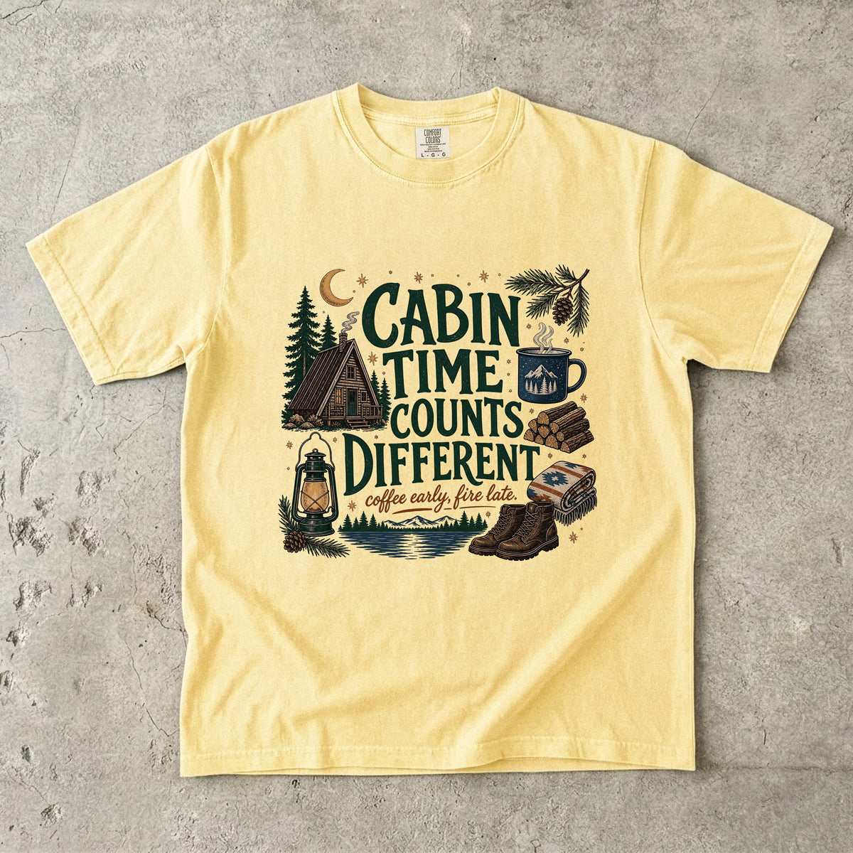Cabin Time Counts Different Cabin Weekend Shirt in Butter – flat lay