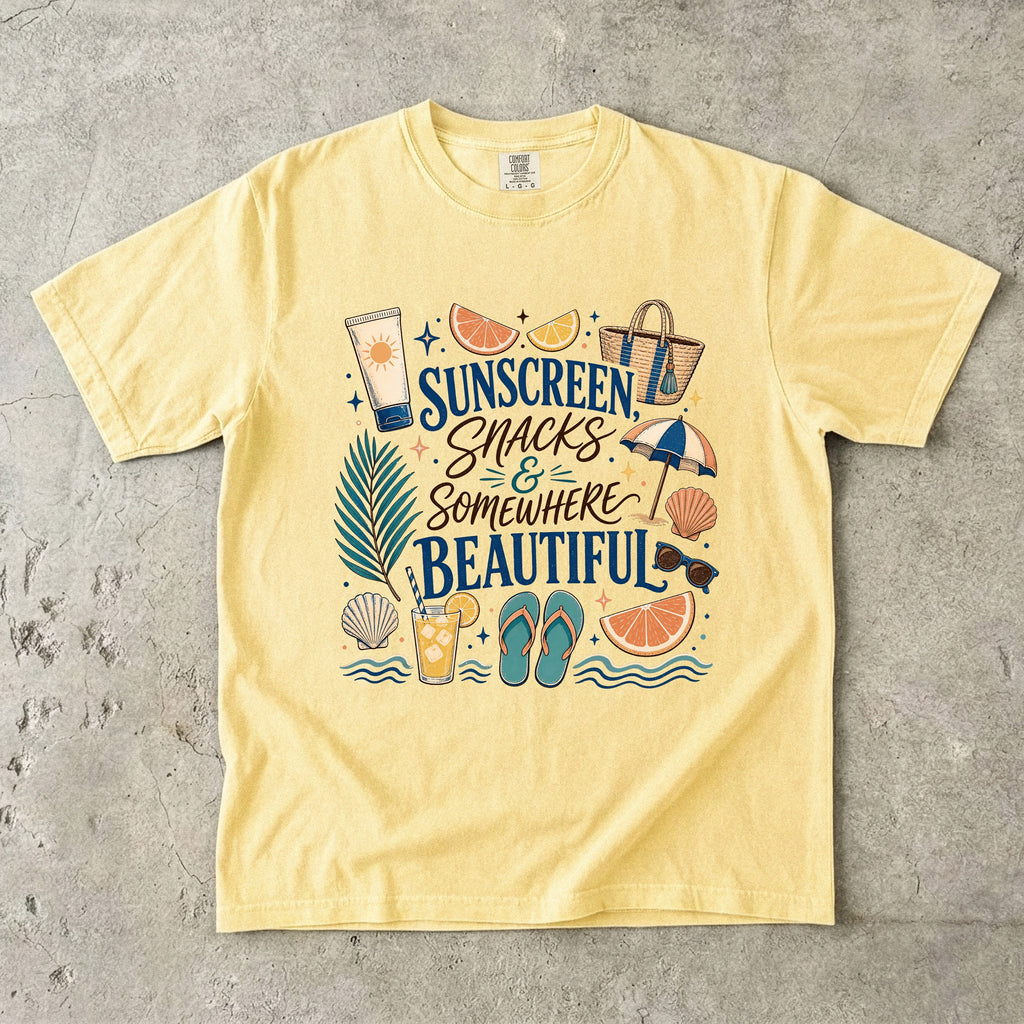 Sunscreen Snacks and Somewhere Beautiful Beach Vacation Shirt in Butter – flat lay