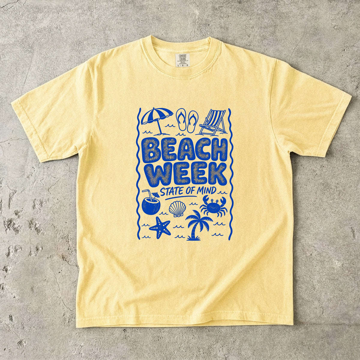 Beach Week State of Mind Beach Vacation Shirt in Butter – flat lay