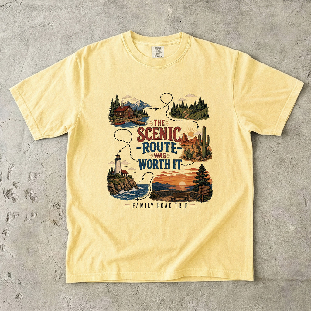 The Scenic Route Was Worth It Road Trip Shirt in Butter – flat lay