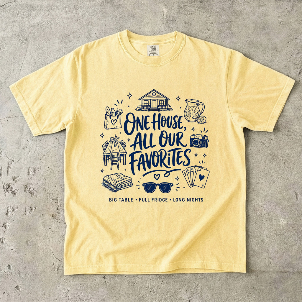 One House All Our Favorites Family Getaway Shirt in Butter – flat lay
