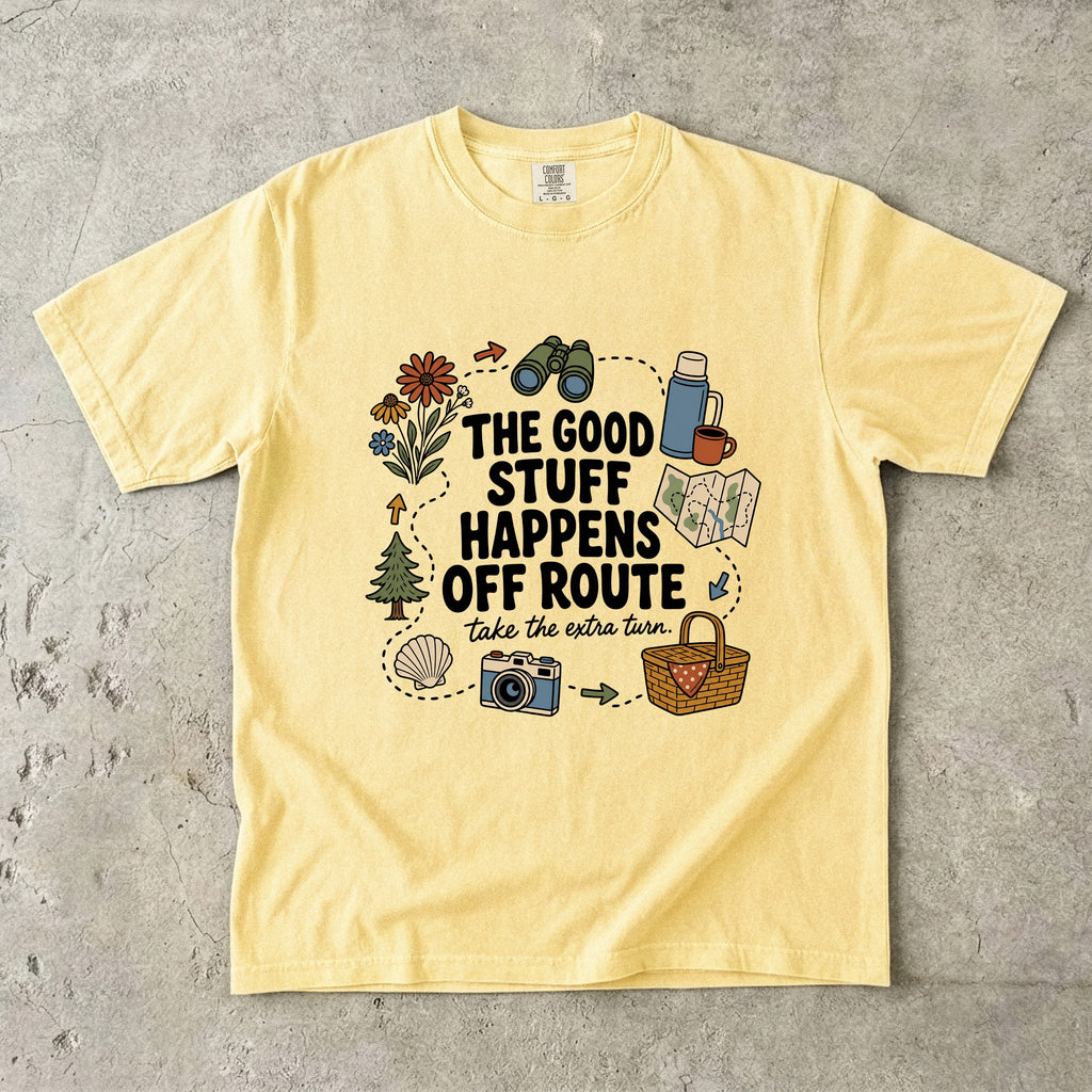 The Good Stuff Happens Off Route Road Trip Shirt in Butter – flat lay