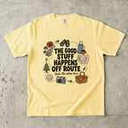 The Good Stuff Happens Off Route Road Trip Shirt in Butter – flat lay