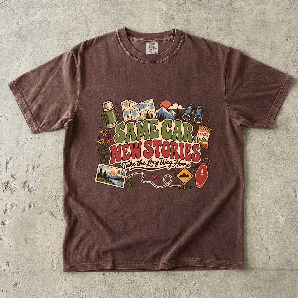 Same Car New Stories Road Trip Shirt in Espresso – flat lay
