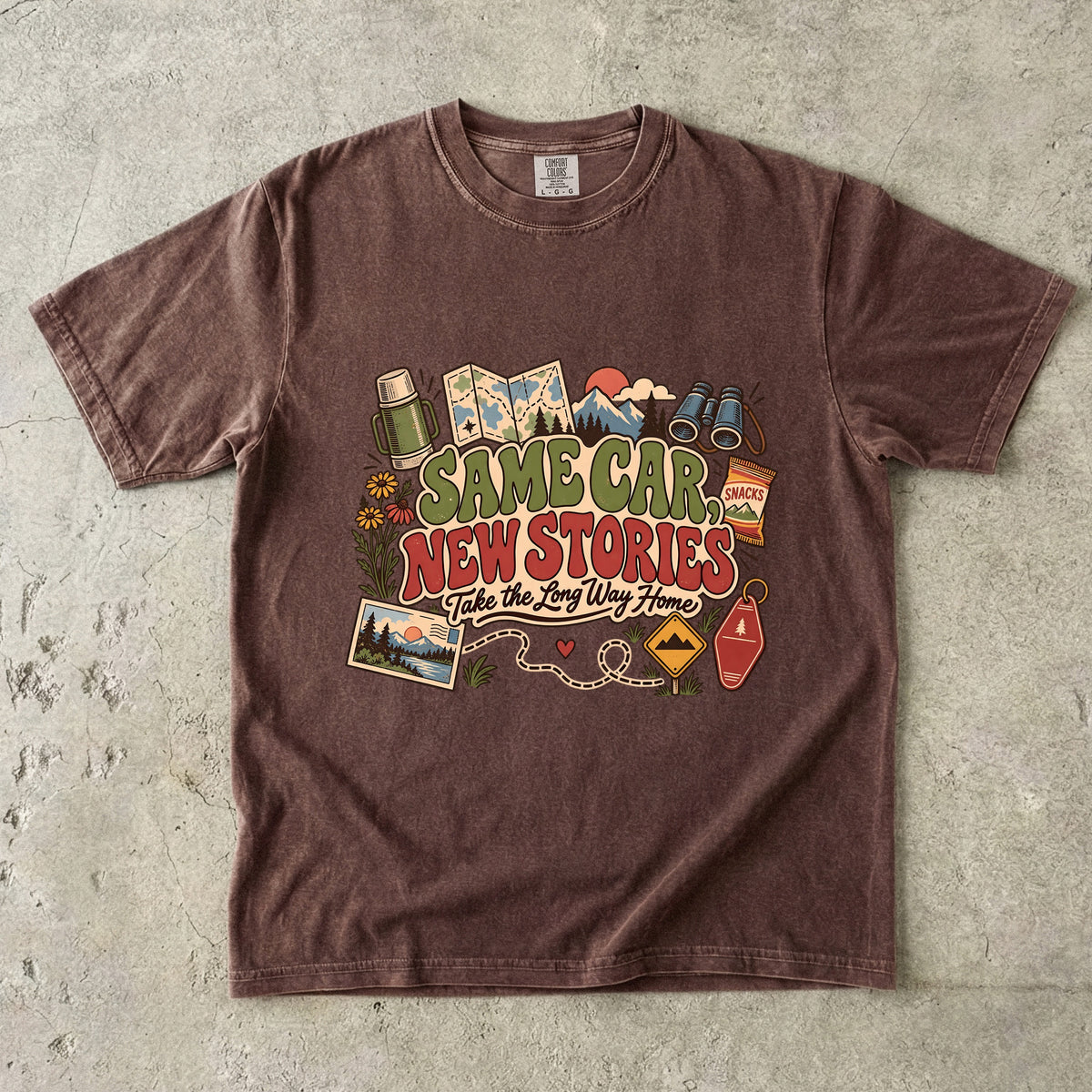 Same Car New Stories Road Trip Shirt in Espresso – flat lay