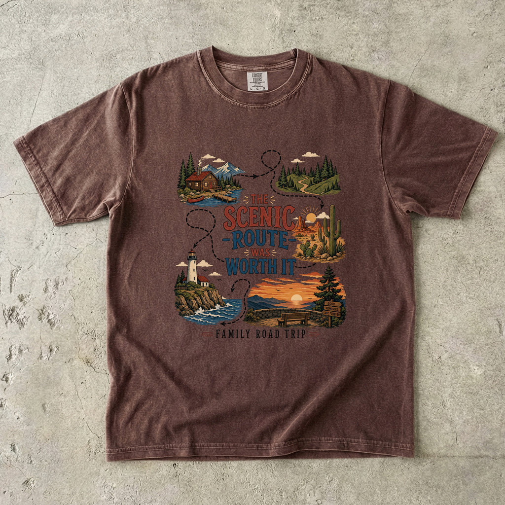 The Scenic Route Was Worth It Road Trip Shirt in Espresso – flat lay