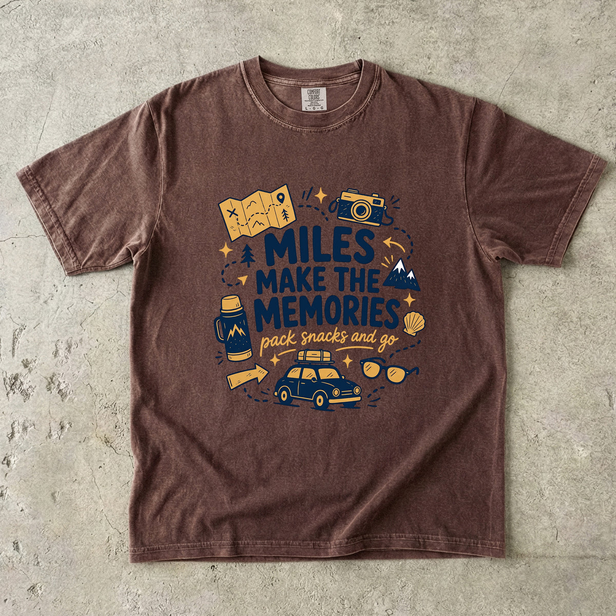 Miles Make the Memories Road Trip Shirt in Espresso – flat lay