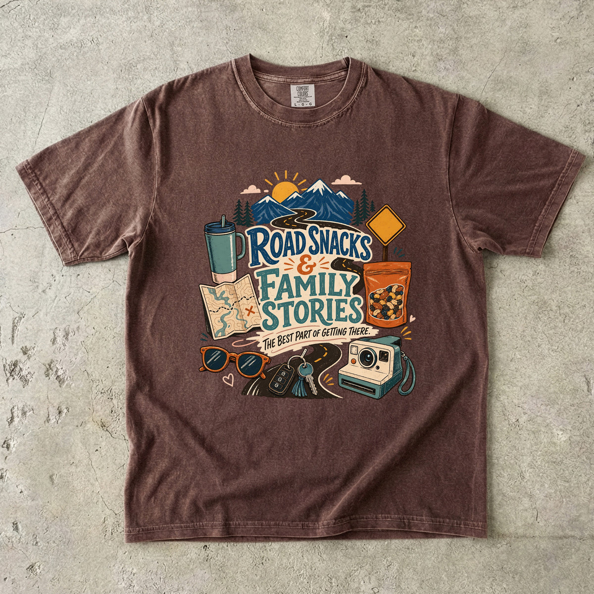 Road Snacks and Family Stories Road Trip Shirt in Espresso – flat lay