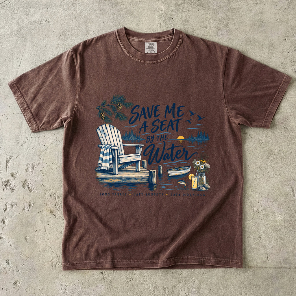 Save Me a Seat by the Water Lake Vacation Shirt in Espresso – flat lay