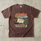 The Good Stuff Happens Off the Itinerary Travel Mom Shirt in Espresso – flat lay